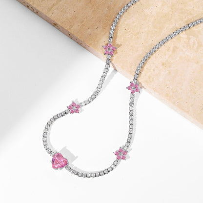 [Vivid Aurora]Dazzling Pink Heart Flower Necklace